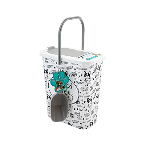 3 Gallon Pet Dry Food Container with Scooper | Dog Food Organizer | Helps Organize Pantry and Cabinets | Dog & Puppy Print Design | Carrying Handle | Flip Top Lid